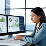 A professional female marketer in a modest business suit, sitting focused at a modern, clean desk in a sunlit, contemporary office. She is looking intently at multiple large screens displaying complex, abstract data visualizations and evolving charts, symbolizing the challenges and shifts in marketing data strategy. The atmosphere is thoughtful and problem-solving. High-resolution professional photography, natural lighting, sharp focus. fully clothed, modest clothing, appropriate attire, professional dress, perfect anatomy, correct proportions, natural pose, well-formed hands, proper finger count, natural body proportions, safe for work, appropriate content, professional, family-friendly.