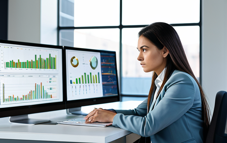 A professional female marketer in a modest business suit, sitting focused at a modern, clean desk in a sunlit, contemporary office. She is looking intently at multiple large screens displaying complex, abstract data visualizations and evolving charts, symbolizing the challenges and shifts in marketing data strategy. The atmosphere is thoughtful and problem-solving. High-resolution professional photography, natural lighting, sharp focus. fully clothed, modest clothing, appropriate attire, professional dress, perfect anatomy, correct proportions, natural pose, well-formed hands, proper finger count, natural body proportions, safe for work, appropriate content, professional, family-friendly.